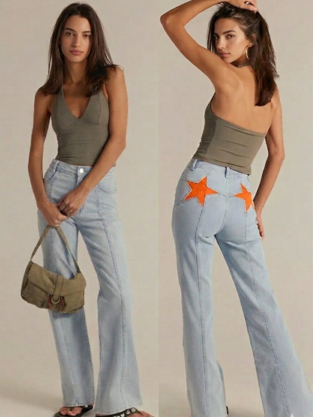 NWT Orange Back Star Patchwork Acid Flare Festival Western Wide Leg Jeans Size M